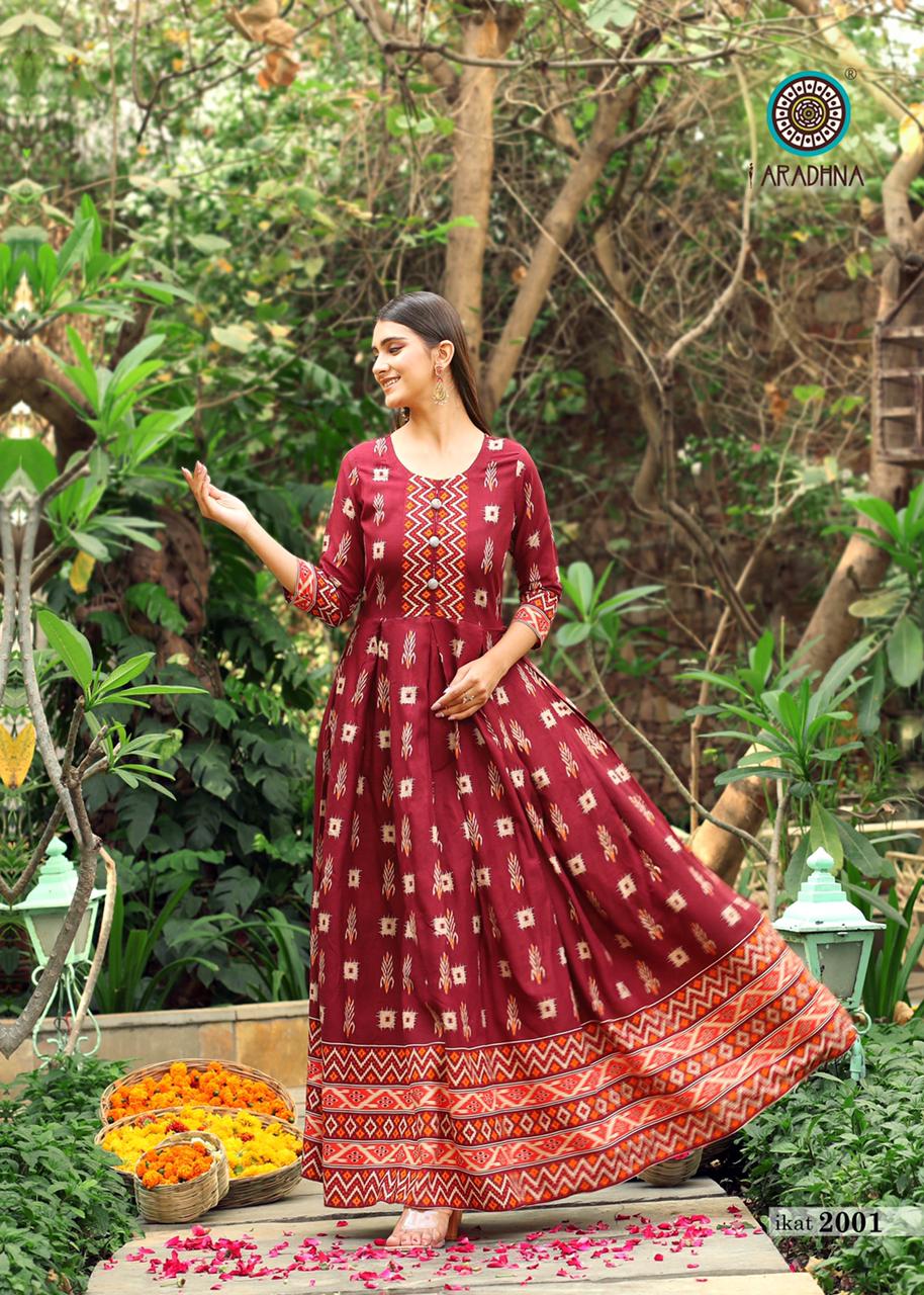 Aradhna Ikat 2 Heavy Rayon Designer Printed  Anarkali Long Kurti Collection